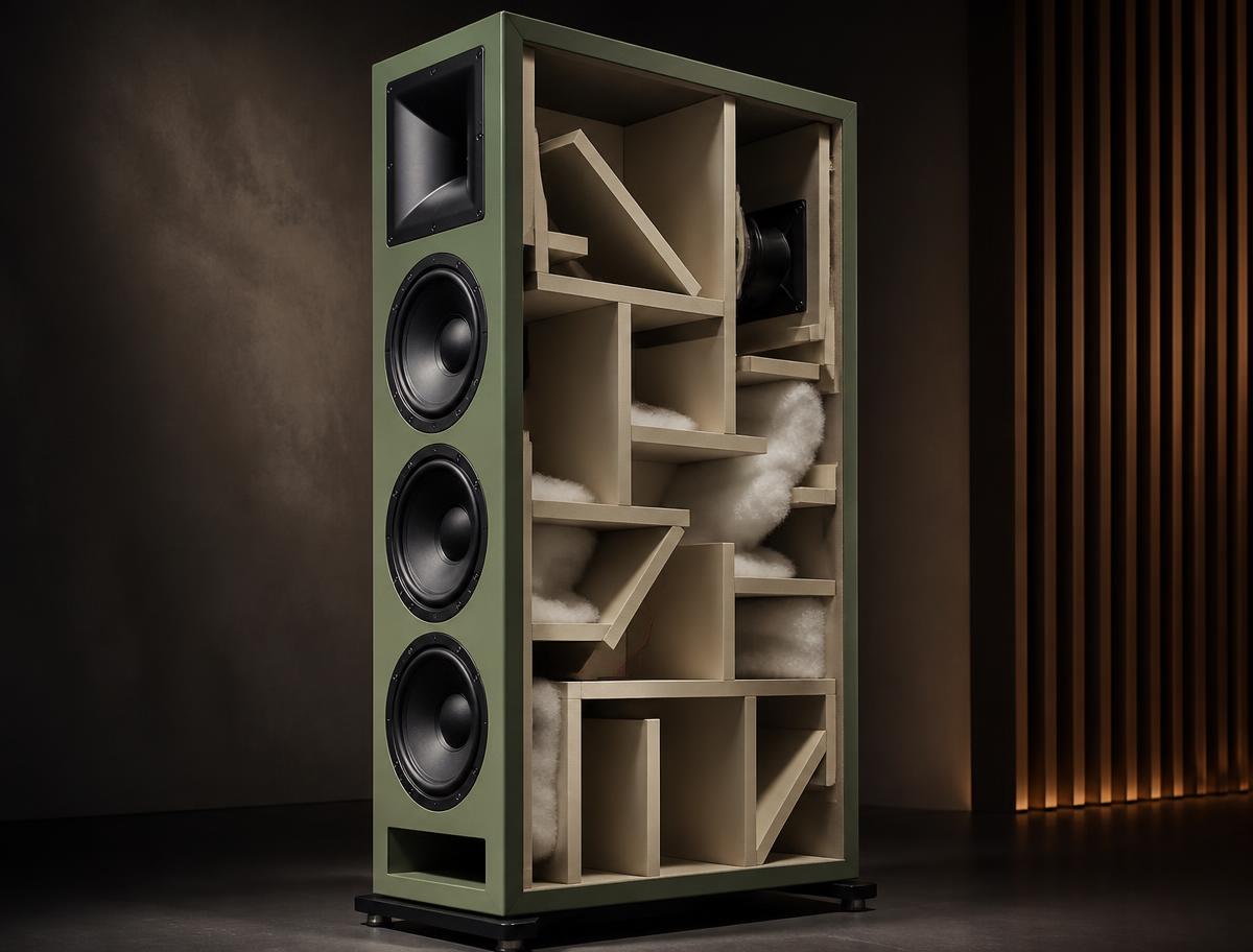 Cutaway of a sage home theater cabinet showing internal bracing and damping