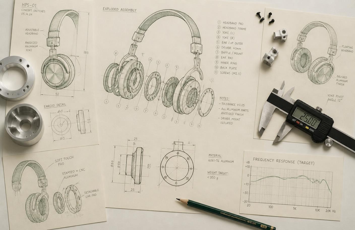 Exploded headphone assembly drawings with tolerance notes