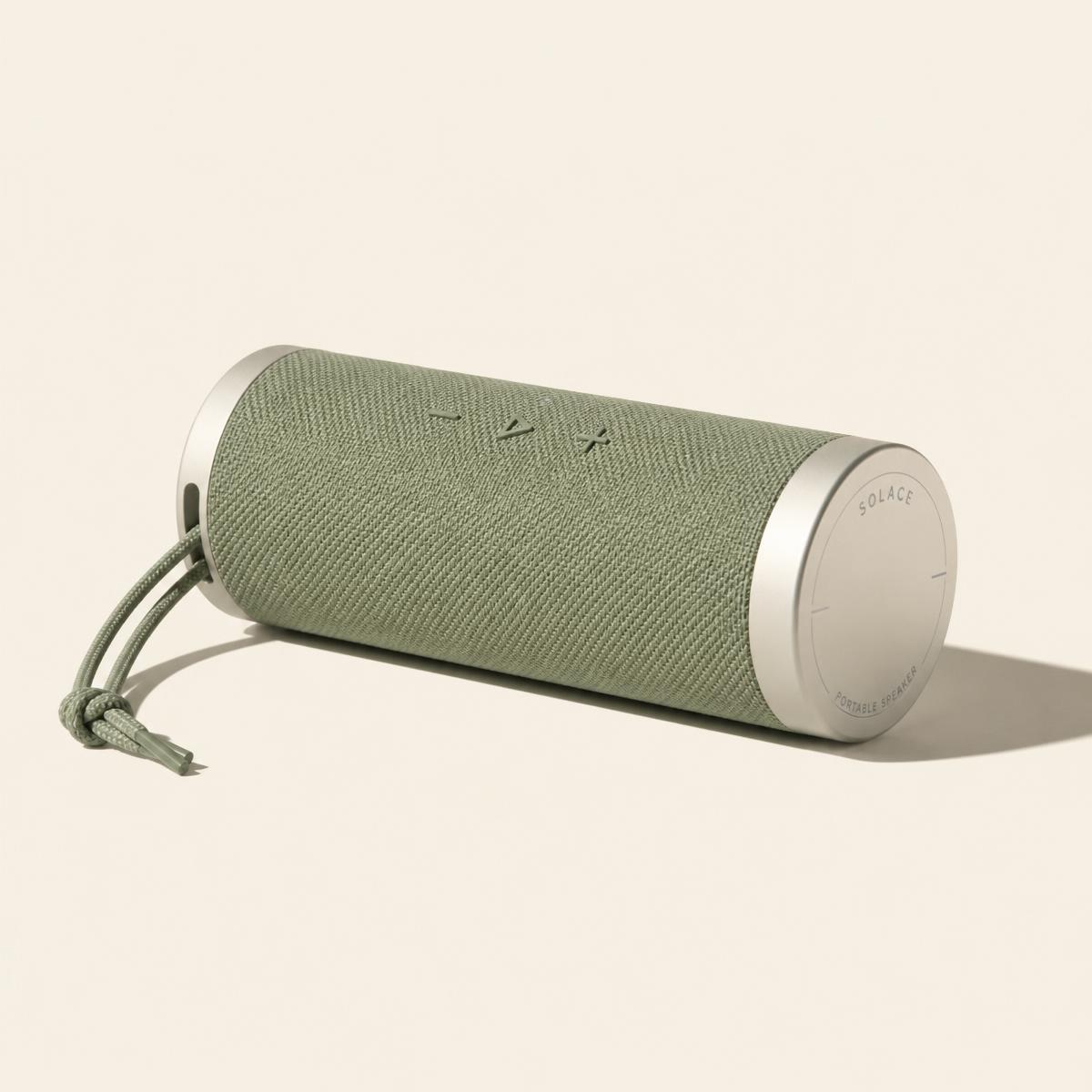 Cylindrical sage fabric Bluetooth speaker with aluminum end caps