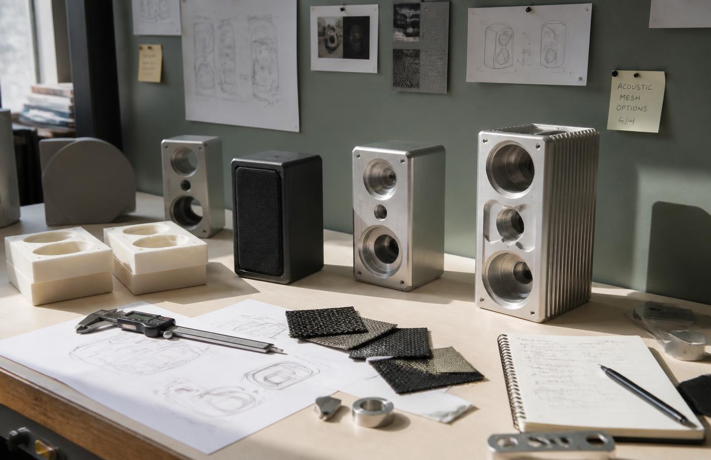 Chamber Design studio bench with speaker prototypes, mesh swatches and measurement tools
